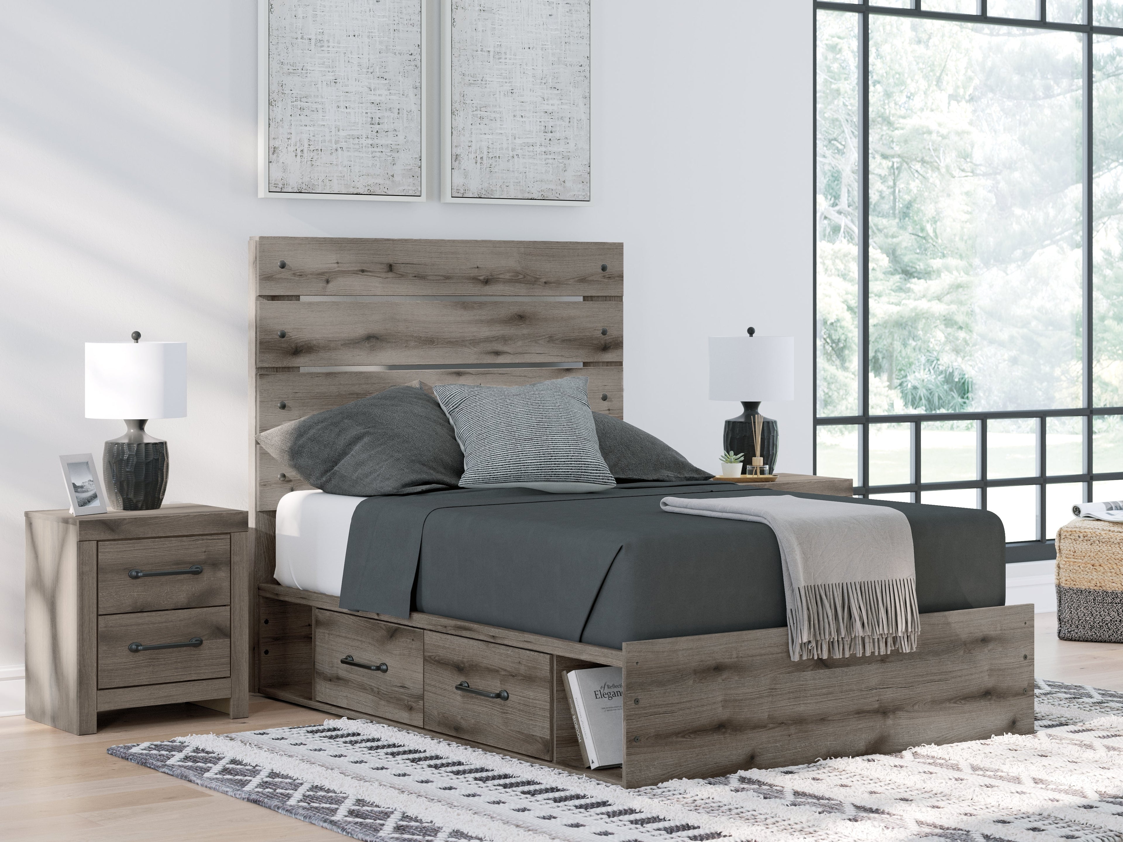 Graystorm Full Panel Bed with Storage with Mirrored Dresser, Chest and 2 Nightstands in Brown Gray from Ashley - Luna Furniture