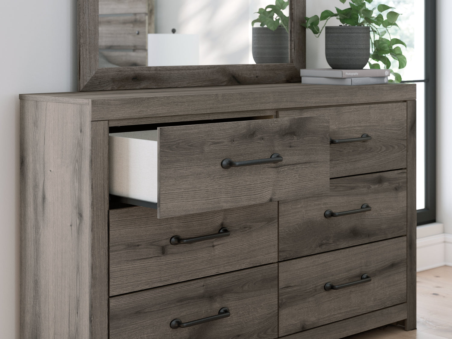 Graystorm Full Panel Bed with Storage with Mirrored Dresser in Brown Gray from Ashley - Luna Furniture