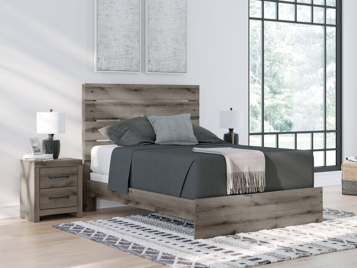 Graystorm Queen Panel Bed with Mirrored Dresser and Nightstand in Brown Gray from Ashley - Luna Furniture