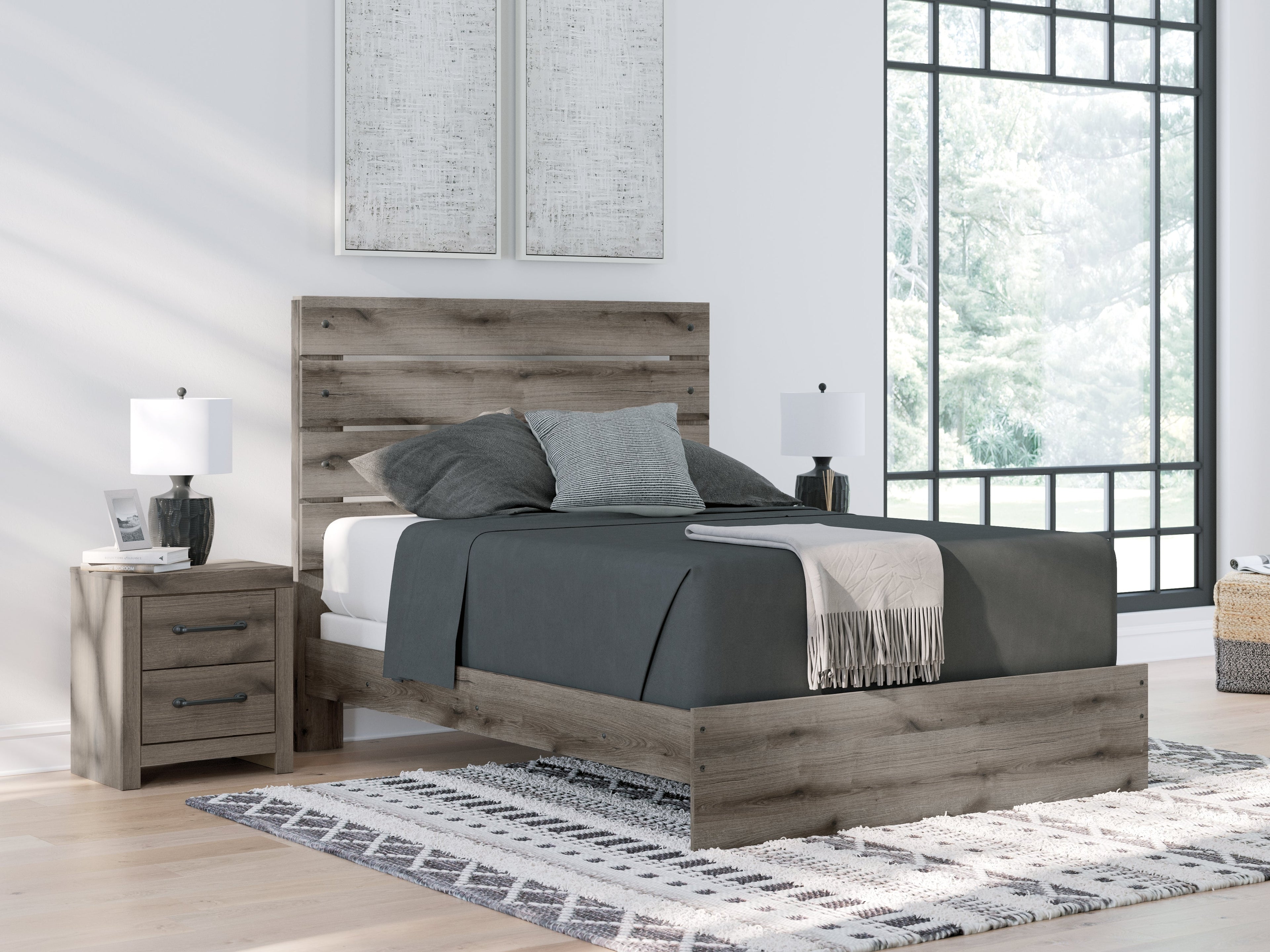 Graystorm Queen Panel Bed with Mirrored Dresser and Nightstand in Brown Gray from Ashley - Luna Furniture