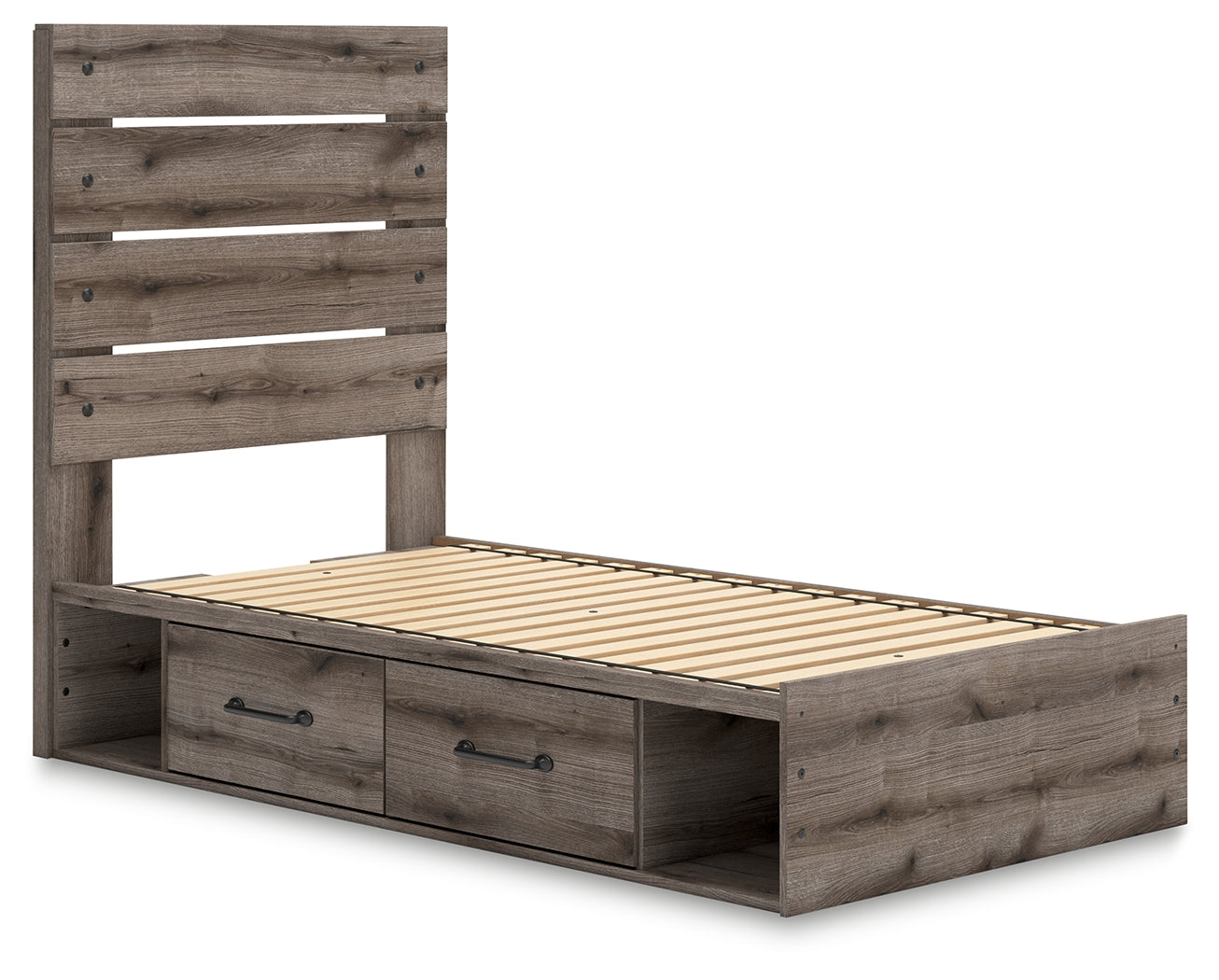 Graystorm Twin Panel Bed with Storage with Mirrored Dresser and 2 Nightstands in Brown Gray from Ashley - Luna Furniture