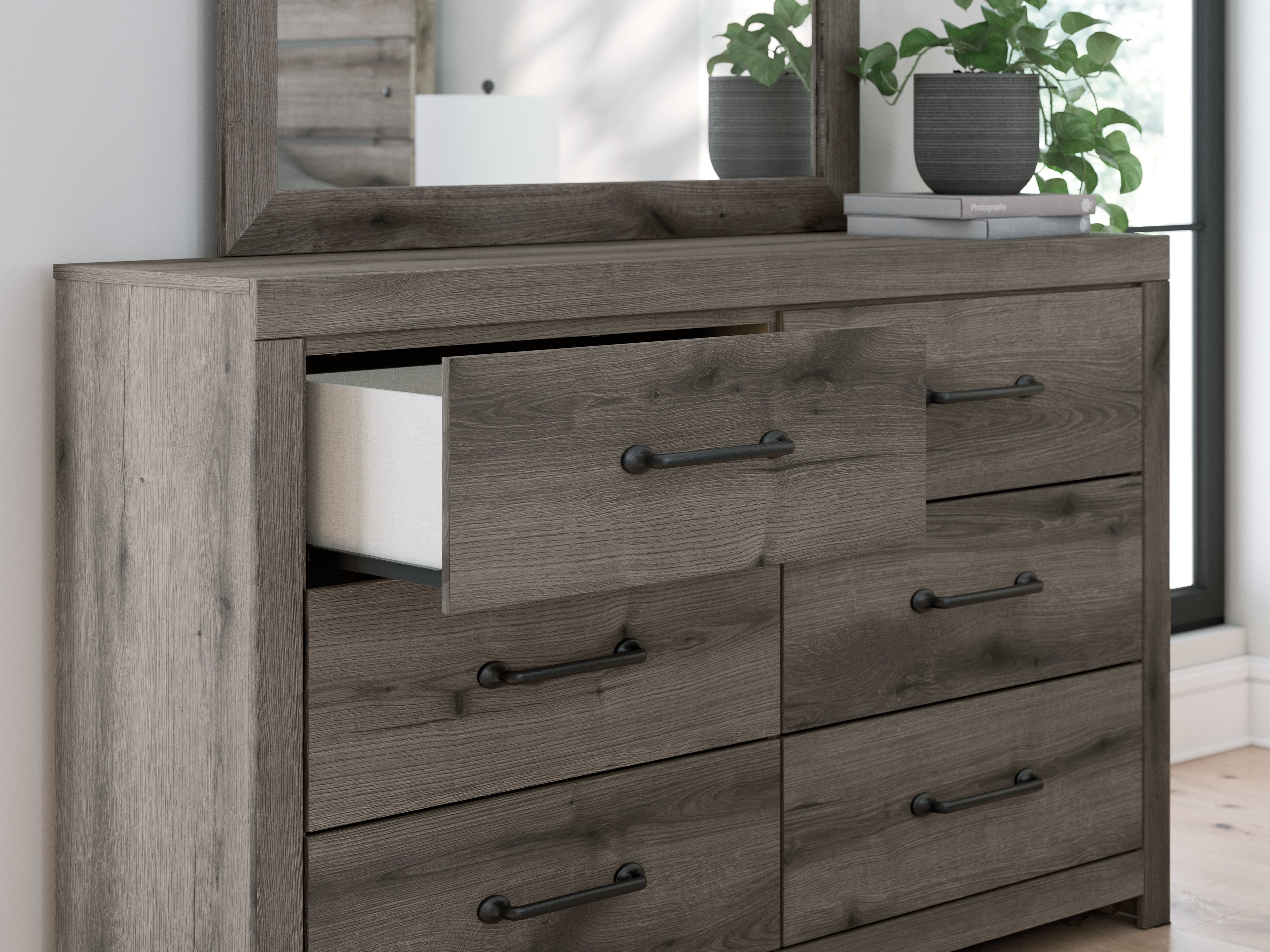 Graystorm Twin Panel Bed with Storage with Mirrored Dresser and 2 Nightstands in Brown Gray from Ashley - Luna Furniture