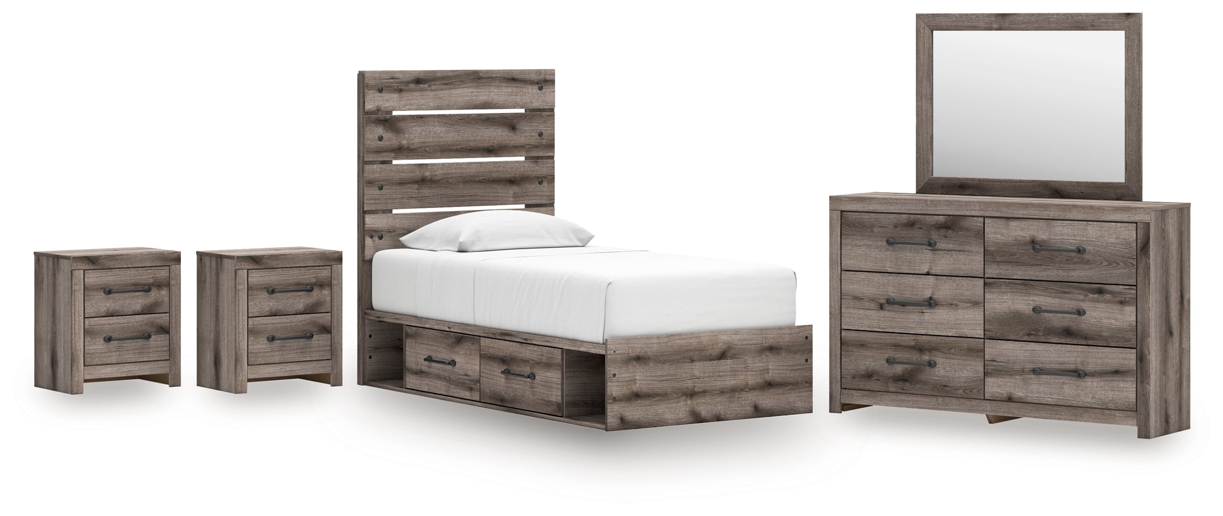 Graystorm Twin Panel Storage Bed with Mirrored Dresser and 2 Nightstands in Brown Gray from Ashley - Luna Furniture