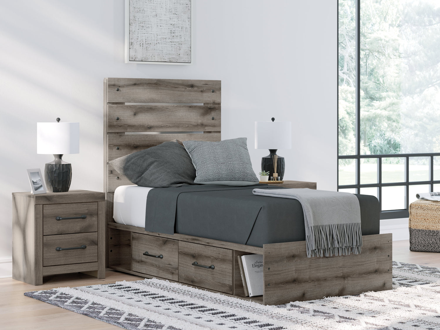 Graystorm Twin Panel Storage Bed with Mirrored Dresser, Chest and Nightstand in Brown Gray from Ashley - Luna Furniture
