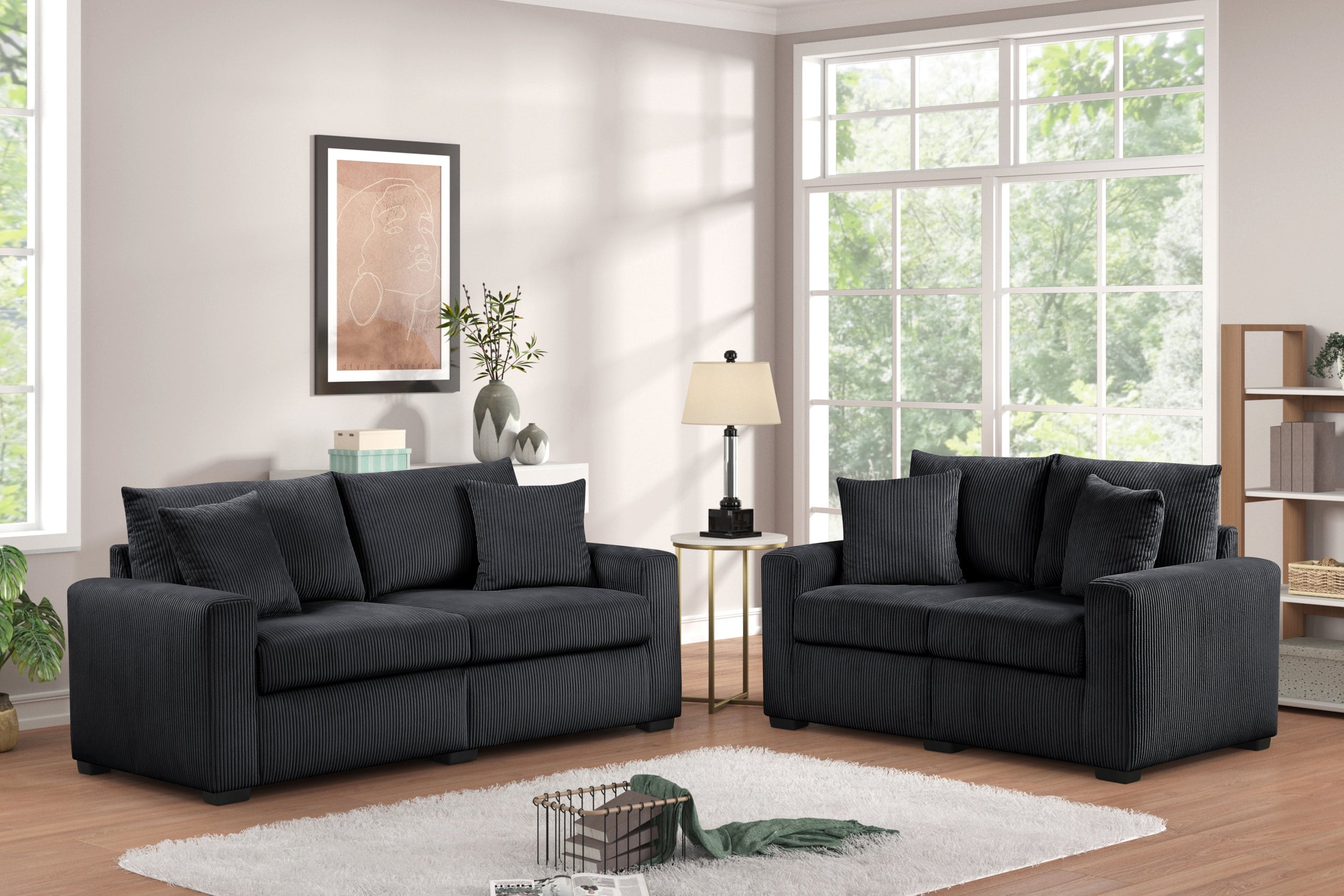 HH1123 Black - Sofa &amp; Loveseat Set - HH1123 2PC BLACK