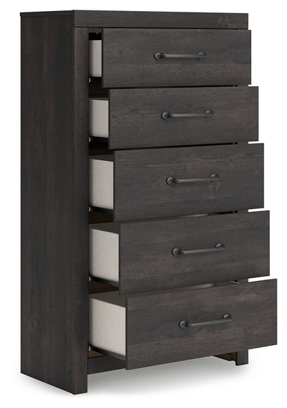 Hollivern Full Panel Bed with Mirrored Dresser, Chest and Nightstand in Dark Gray from Ashley - Luna Furniture