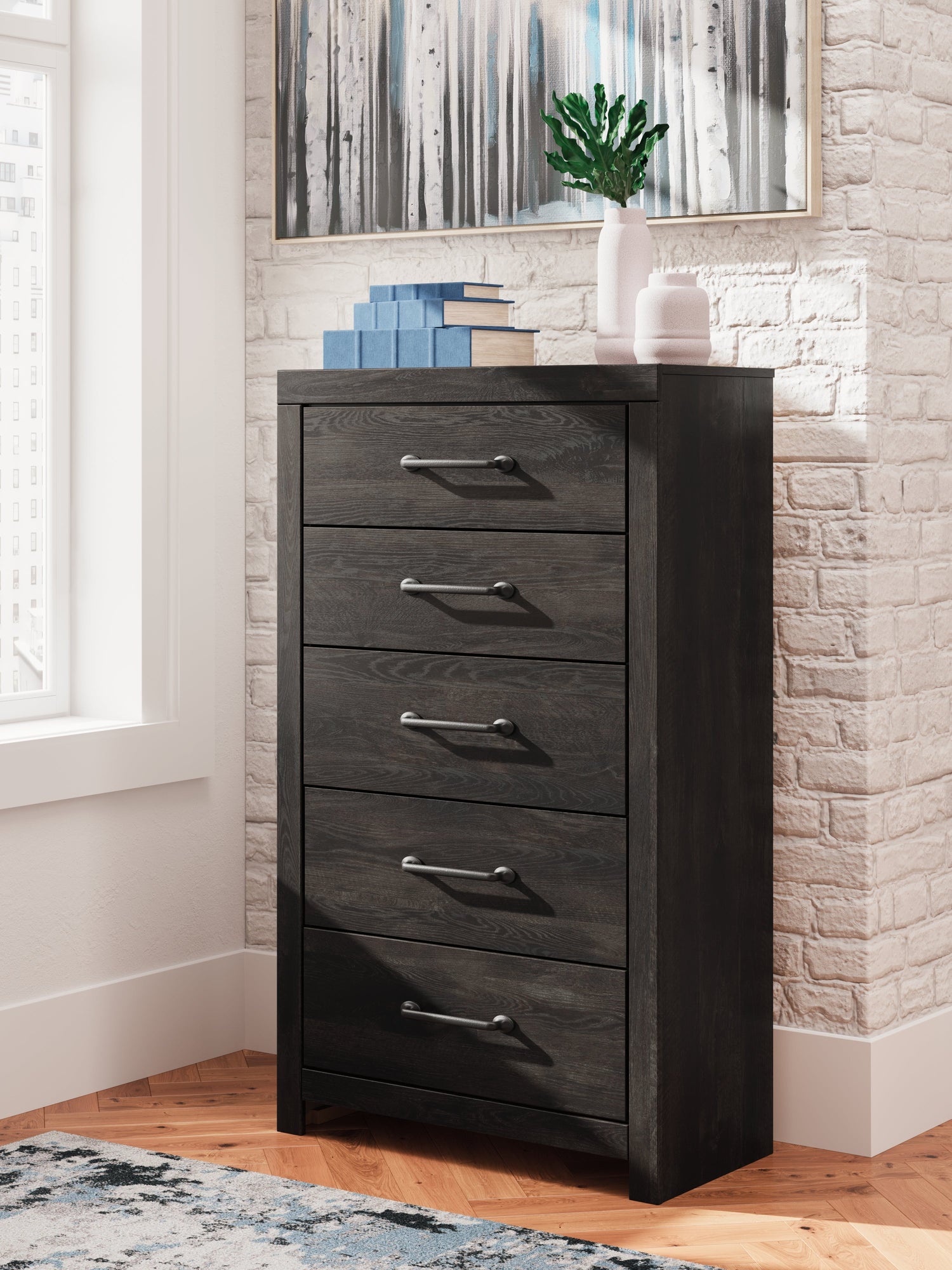 Hollivern Full Panel Bed with Mirrored Dresser, Chest and Nightstand in Dark Gray from Ashley - Luna Furniture