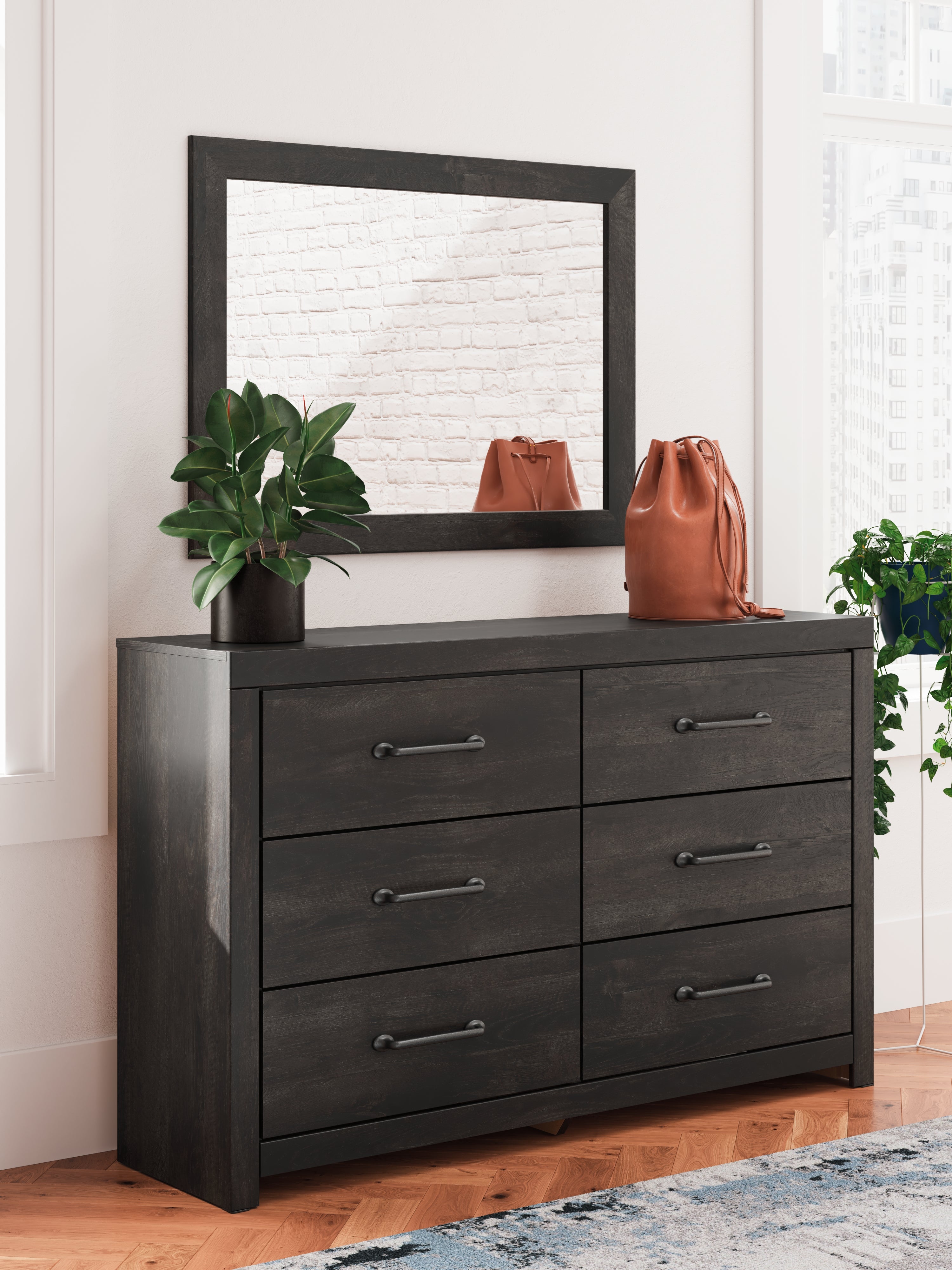 Hollivern King Panel Bed with Mirrored Dresser in Dark Gray from Ashley - Luna Furniture
