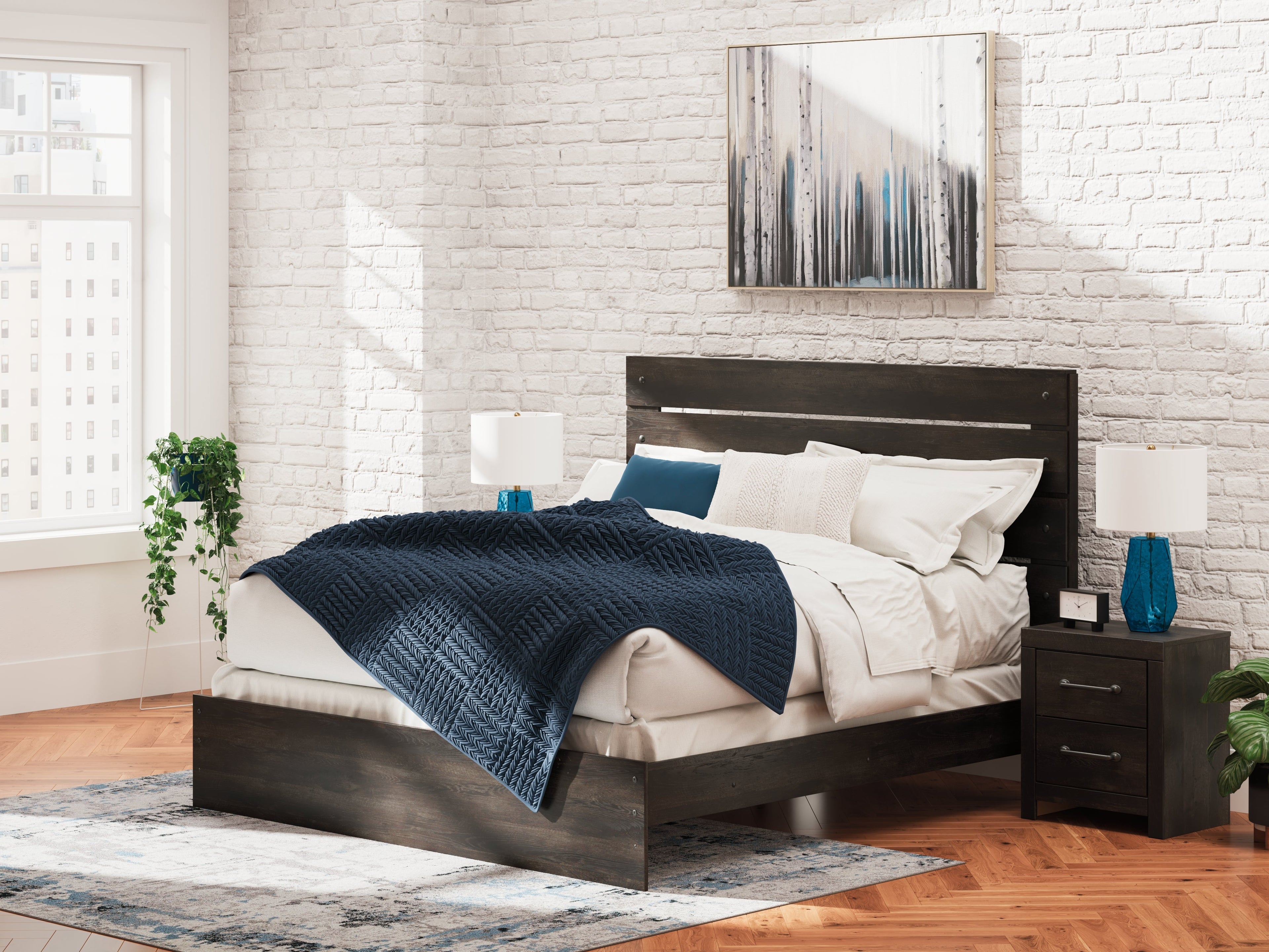Hollivern King Panel Bed with Mirrored Dresser in Dark Gray from Ashley - Luna Furniture