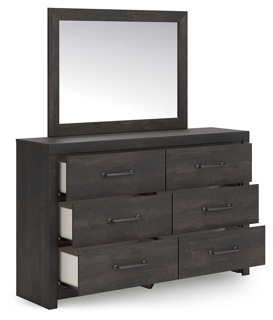 Hollivern King Panel Bed with Mirrored Dresser in Dark Gray from Ashley - Luna Furniture