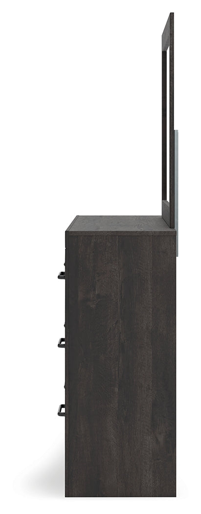 Hollivern King Panel Bed with Mirrored Dresser in Dark Gray from Ashley - Luna Furniture