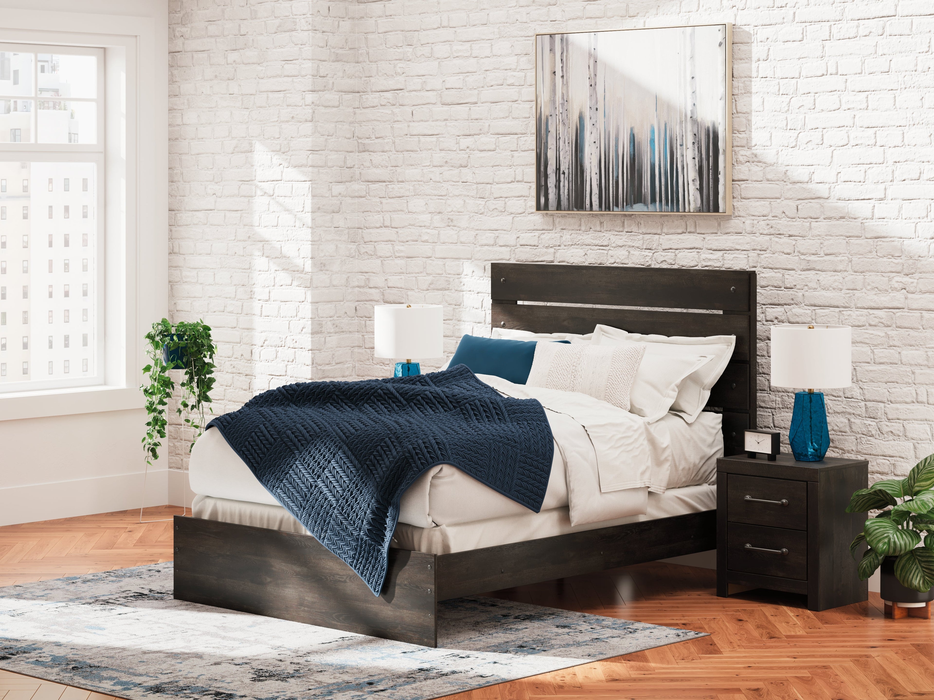 Hollivern Queen Panel Bed with Mirrored Dresser and 2 Nightstands in Dark Gray from Ashley - Luna Furniture