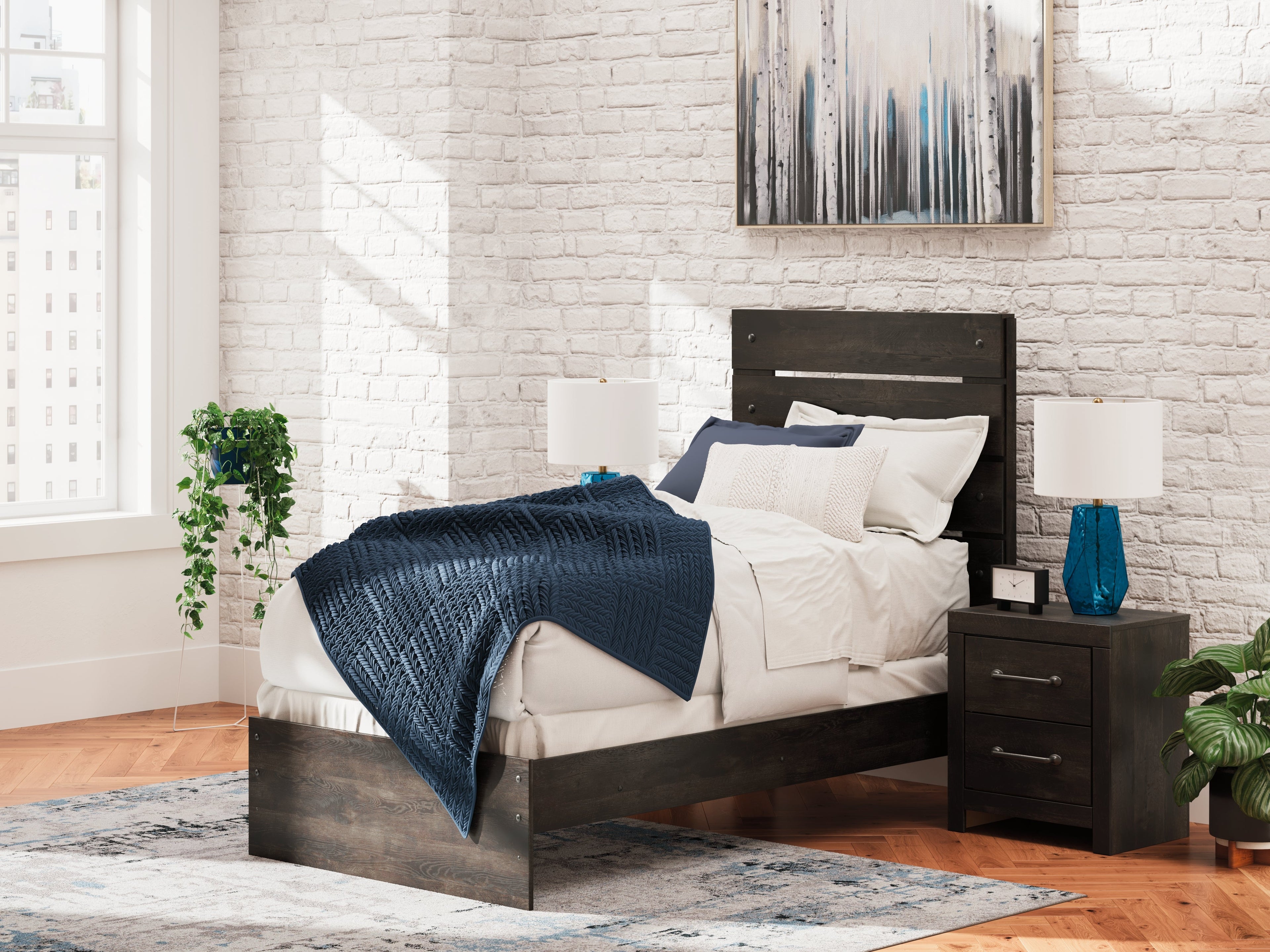 Hollivern Twin Panel Bed with Mirrored Dresser and Nightstand in Dark Gray from Ashley - Luna Furniture