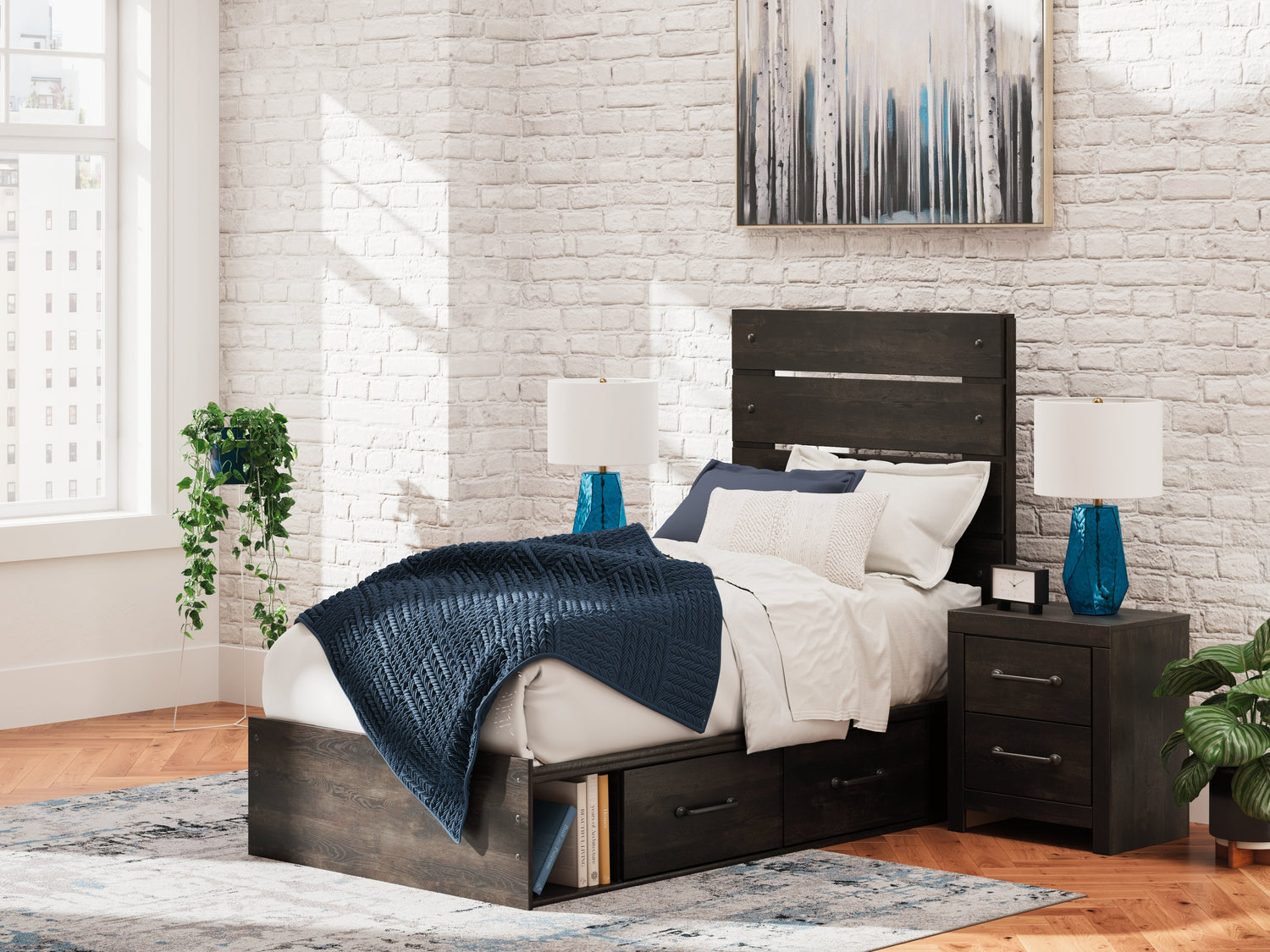 Hollivern Twin Panel Storage Bed with Mirrored Dresser and 2 Nightstands in Dark Gray from Ashley - Luna Furniture