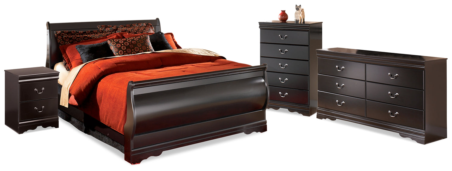 Huey Vineyard Black Full Sleigh Bed, Dresser, Mirror, Chest and Nightstand - B128B35