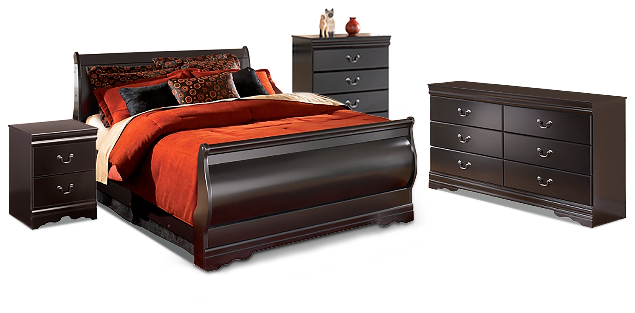 Huey Vineyard Black Queen Sleigh Bed, Dresser, Chest and Nightstand - B128B19