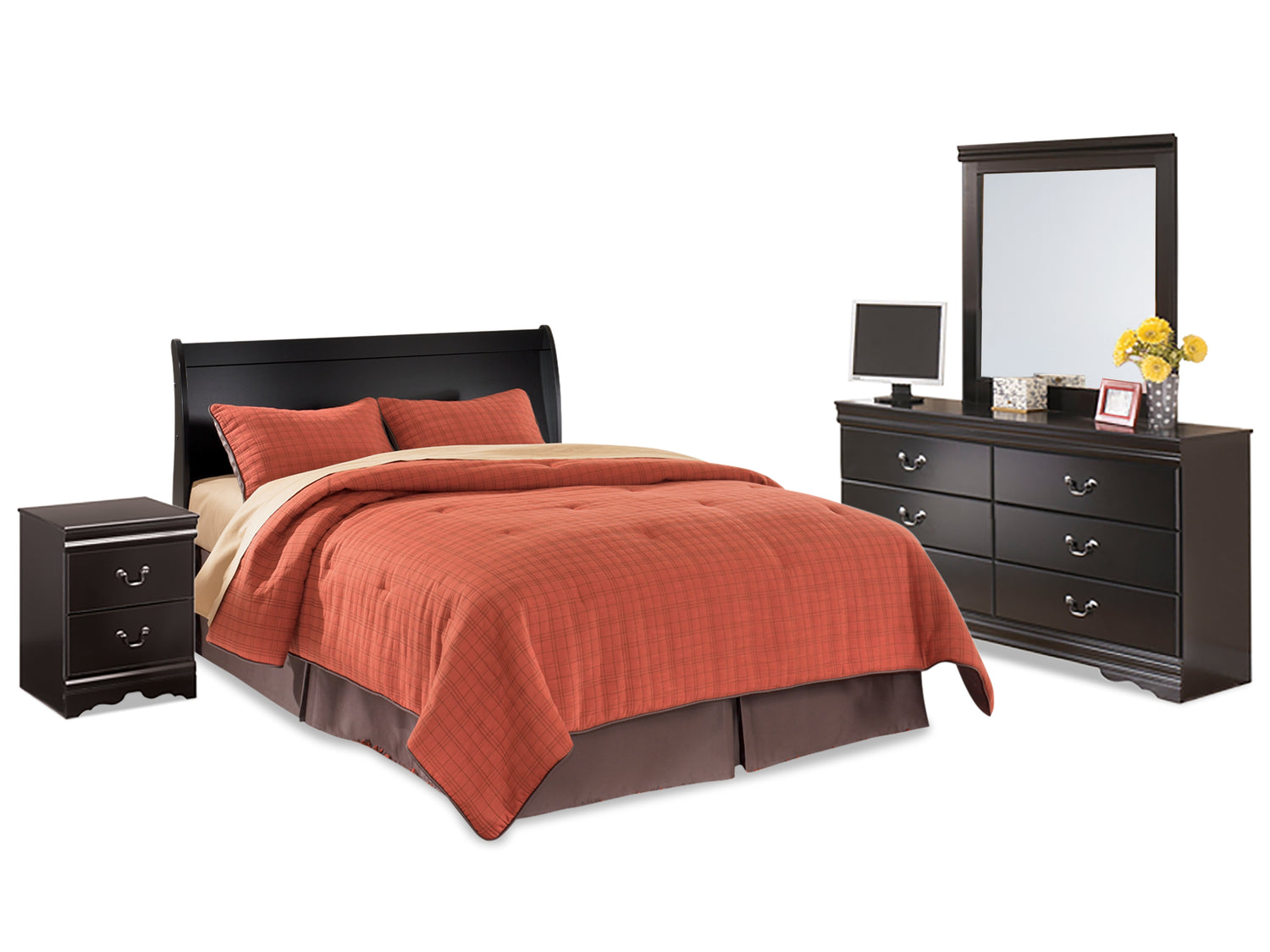 Huey Vineyard Black Queen Sleigh Headboard, Dresser, Mirror and Nightstand - B128B38
