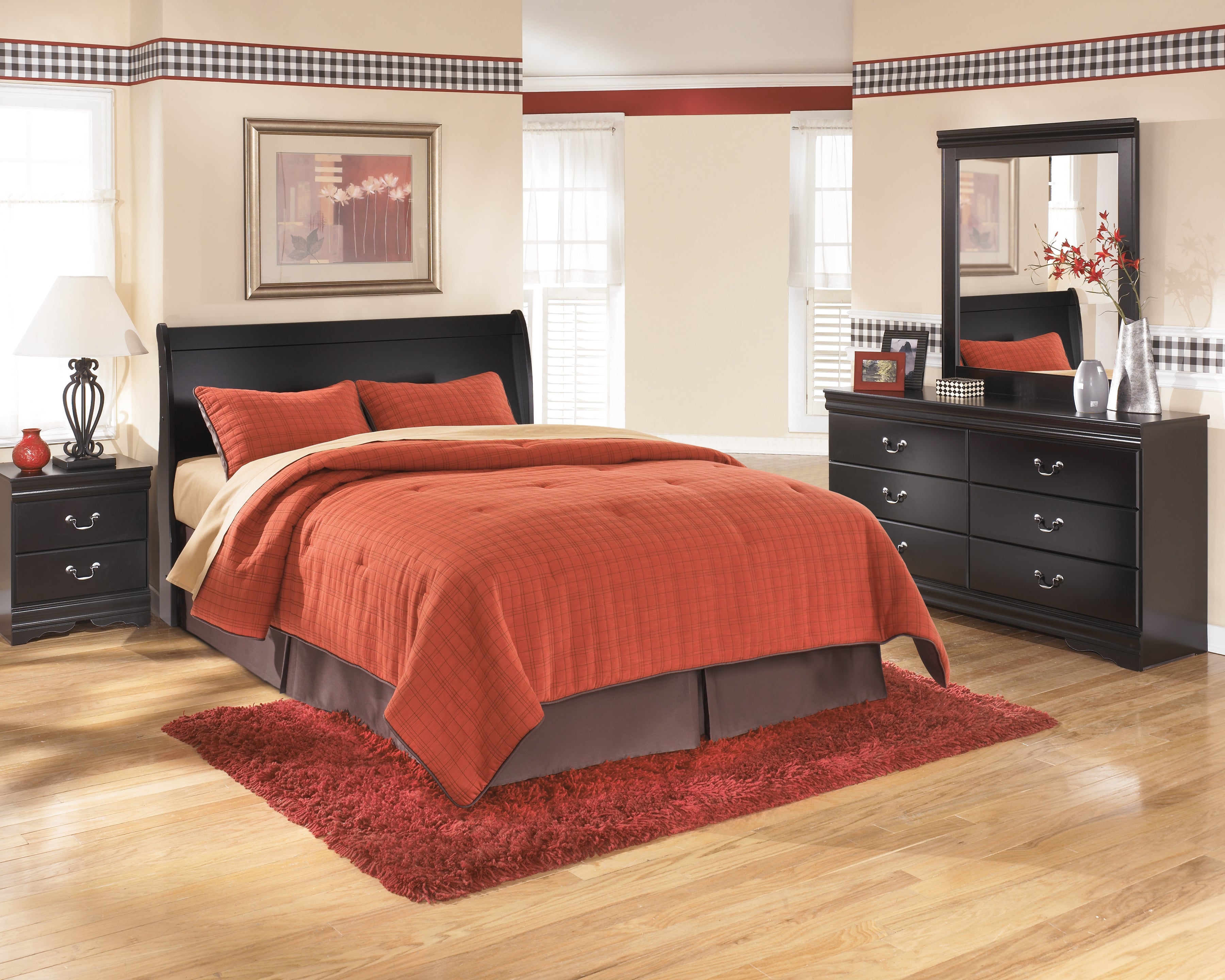 Huey Vineyard Black Queen Sleigh Headboard, Dresser, Mirror and Nightstand - B128B38