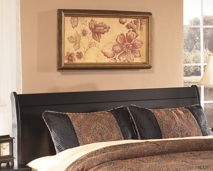 Huey Vineyard Black Queen Sleigh Headboard, Dresser, Mirror and Nightstand - B128B38