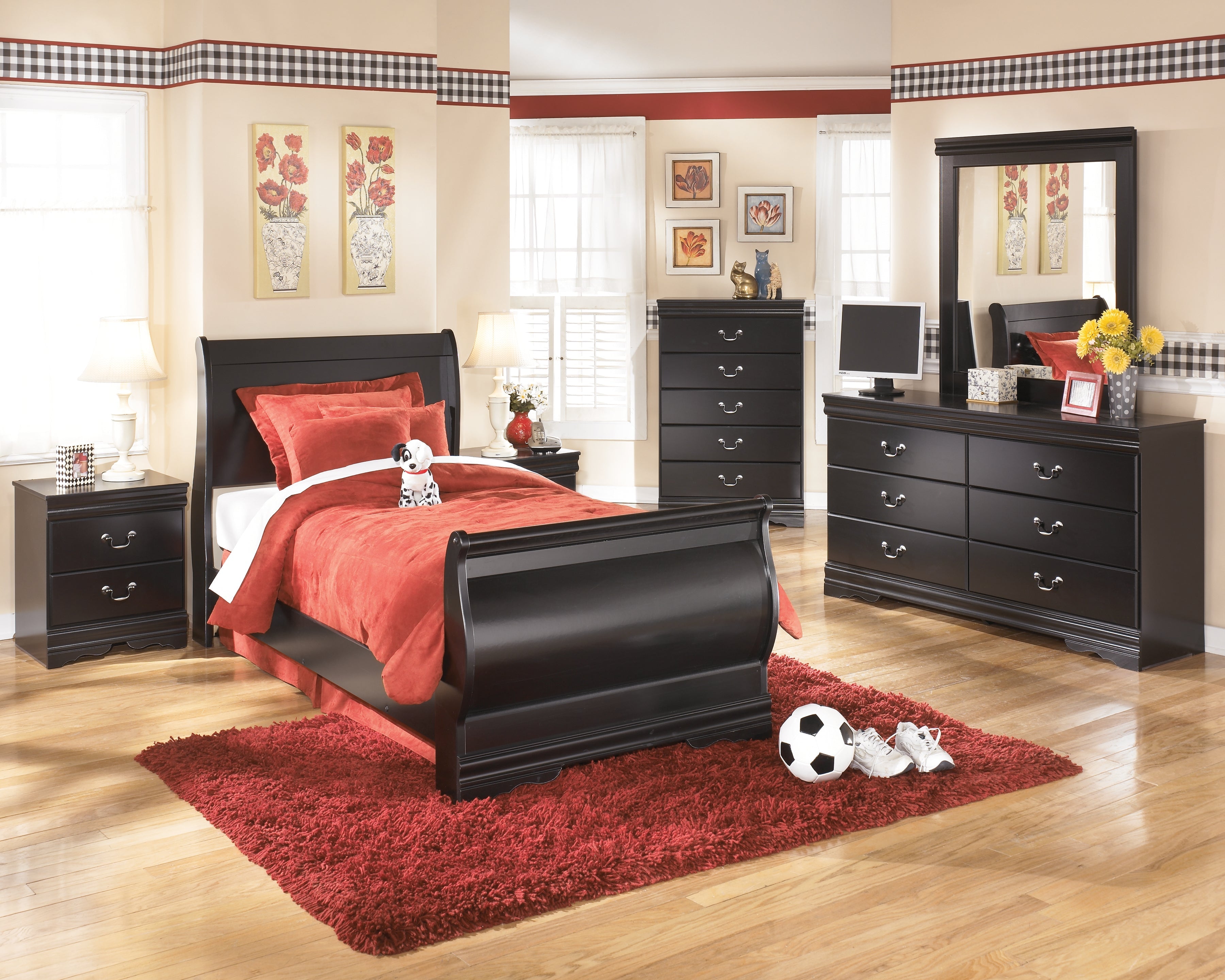Huey Vineyard Twin Sleigh Bed with Dresser in Black - PKG002541