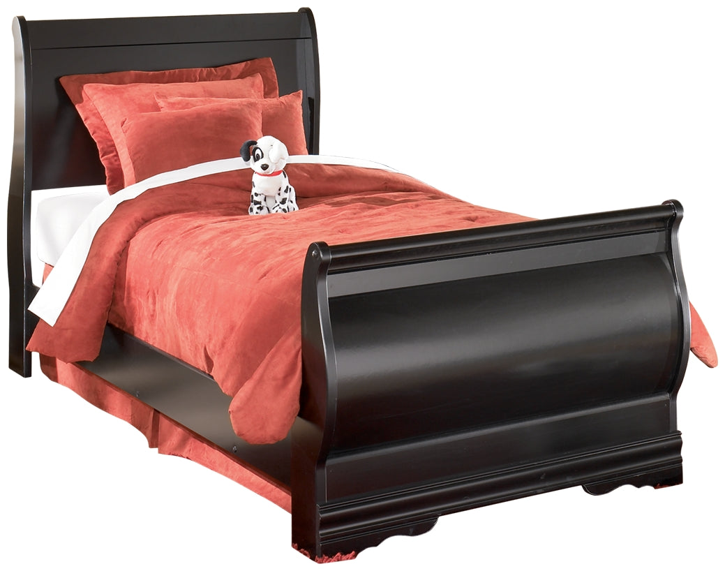 Huey Vineyard Twin Sleigh Bed with Mirrored Dresser, Chest and Nightstand in Black from Ashley - Luna Furniture