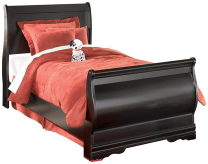 Huey Vineyard Twin Sleigh Bed with Mirrored Dresser, Chest and Nightstand in Black from Ashley - Luna Furniture