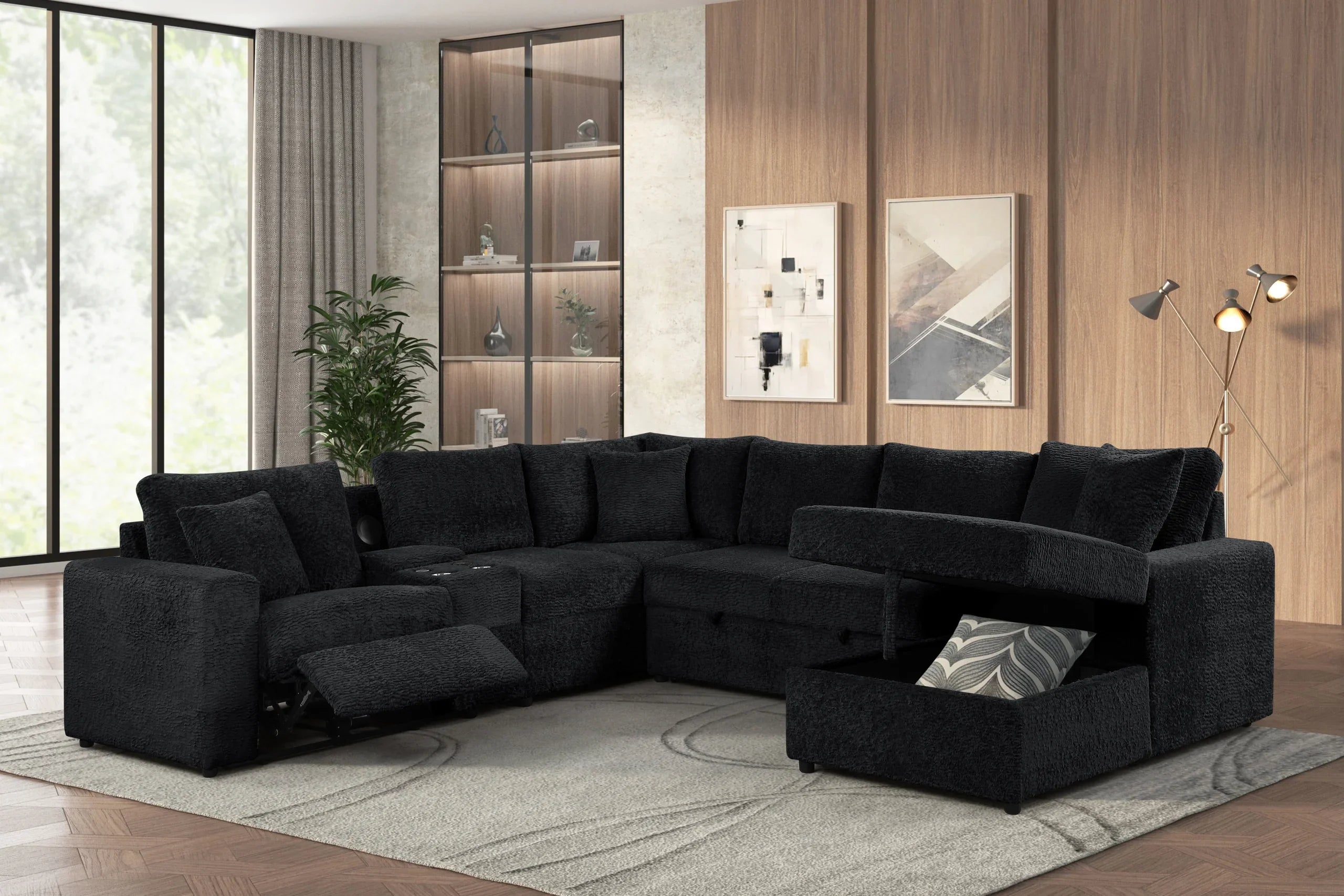 Hunter Black Sectional with Bluetooth Speaker &amp; Pull-Out Bed