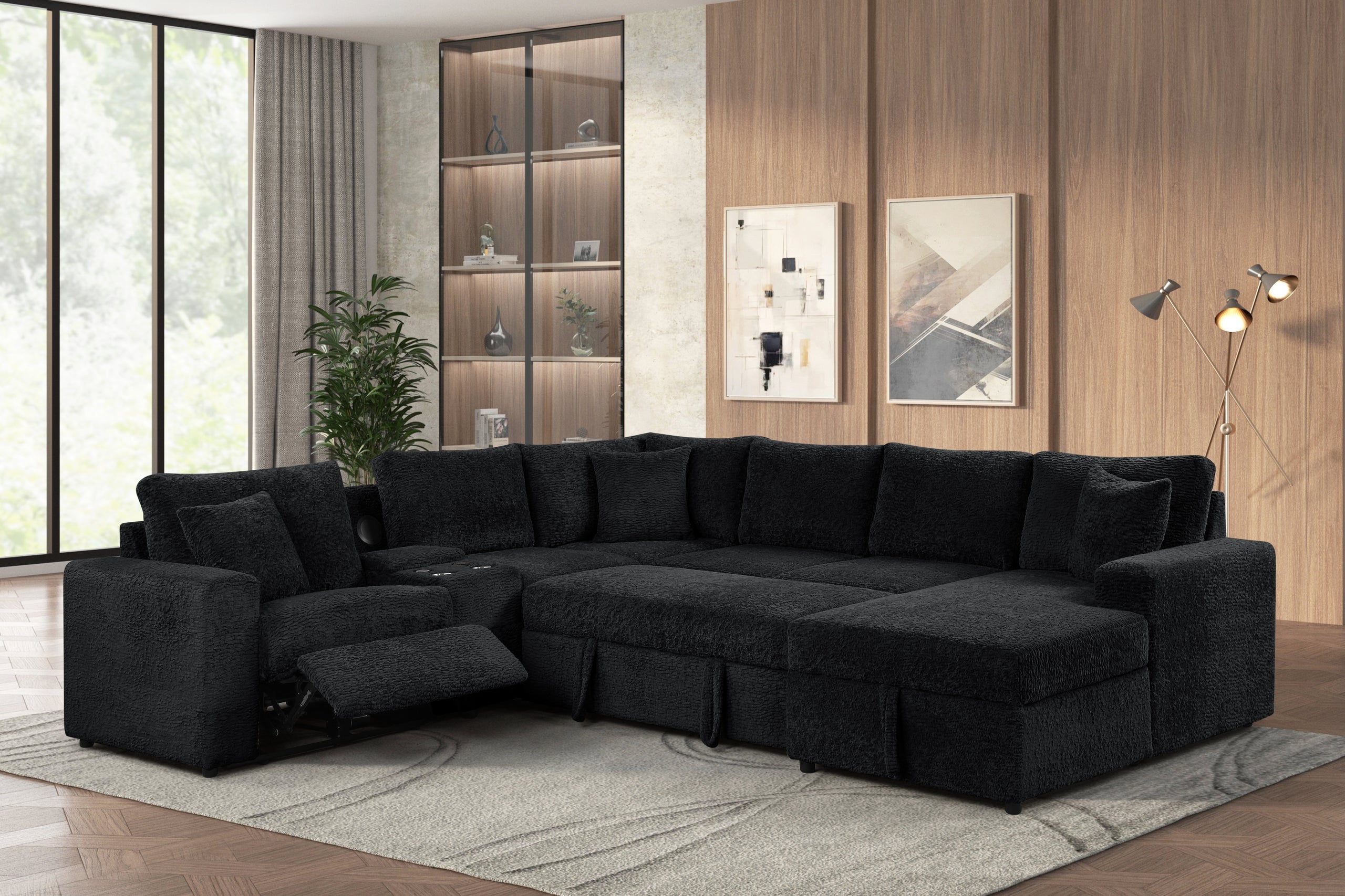 Hunter Black Sectional with Bluetooth Speaker &amp; Pull-Out Bed