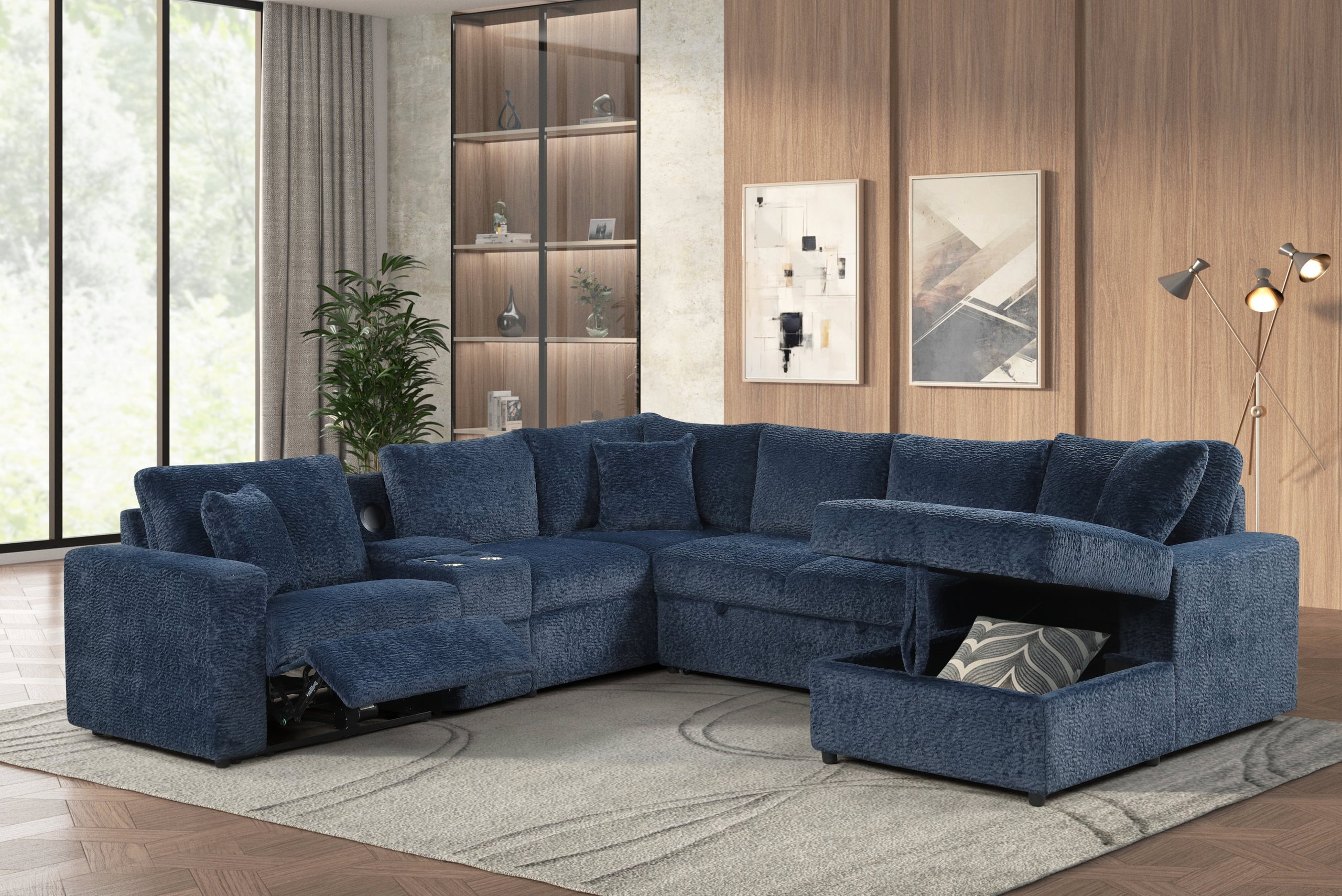 Hunter Blue Sectional (W/ Bluetooth Speaker &amp; Pull-Out Bed) - HUNTER BLUE