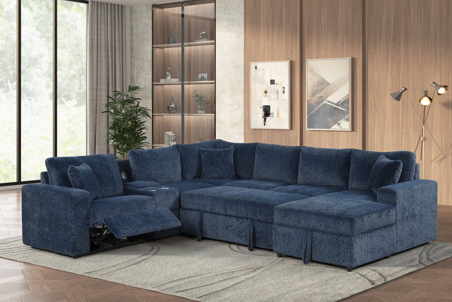 Hunter Blue Sectional (W/ Bluetooth Speaker &amp; Pull-Out Bed) - HUNTER BLUE