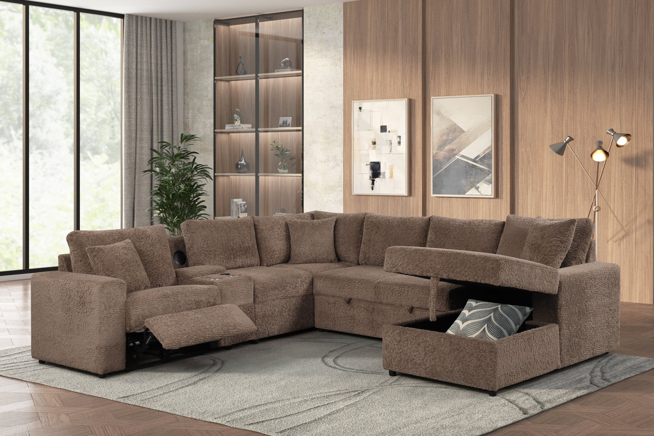 Hunter Mocha Sectional (W/ Bluetooth Speaker &amp; Pull-Out Bed) - HUNTER MOCHA