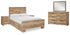 Hyanna Full Panel Bed with Storage with Mirrored Dresser and 2 Nightstands in Tan Brown - PKG015374