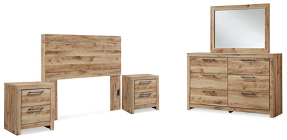 Hyanna Full Panel Headboard with Mirrored Dresser and 2 Nightstands in Tan Brown - PKG015278