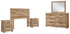 Hyanna Full Panel Headboard with Mirrored Dresser and 2 Nightstands in Tan Brown - PKG015278