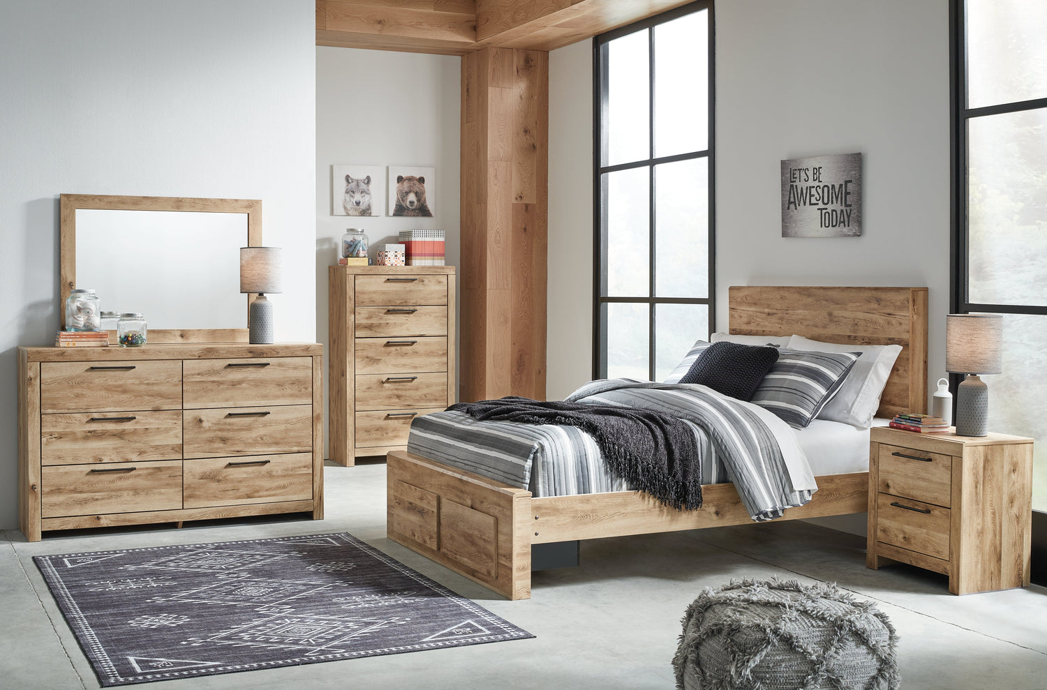 Hyanna Full Panel Storage Bed with Mirrored Dresser, Chest and Nightstand in Tan Brown - PKG015384