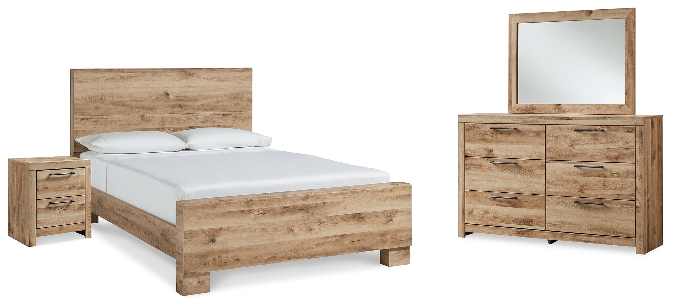 Hyanna King Panel Bed with Mirrored Dresser and Nightstand in Tan Brown - PKG015322