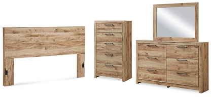 Hyanna King Panel Headboard with Mirrored Dresser and Chest in Tan Brown - PKG015293