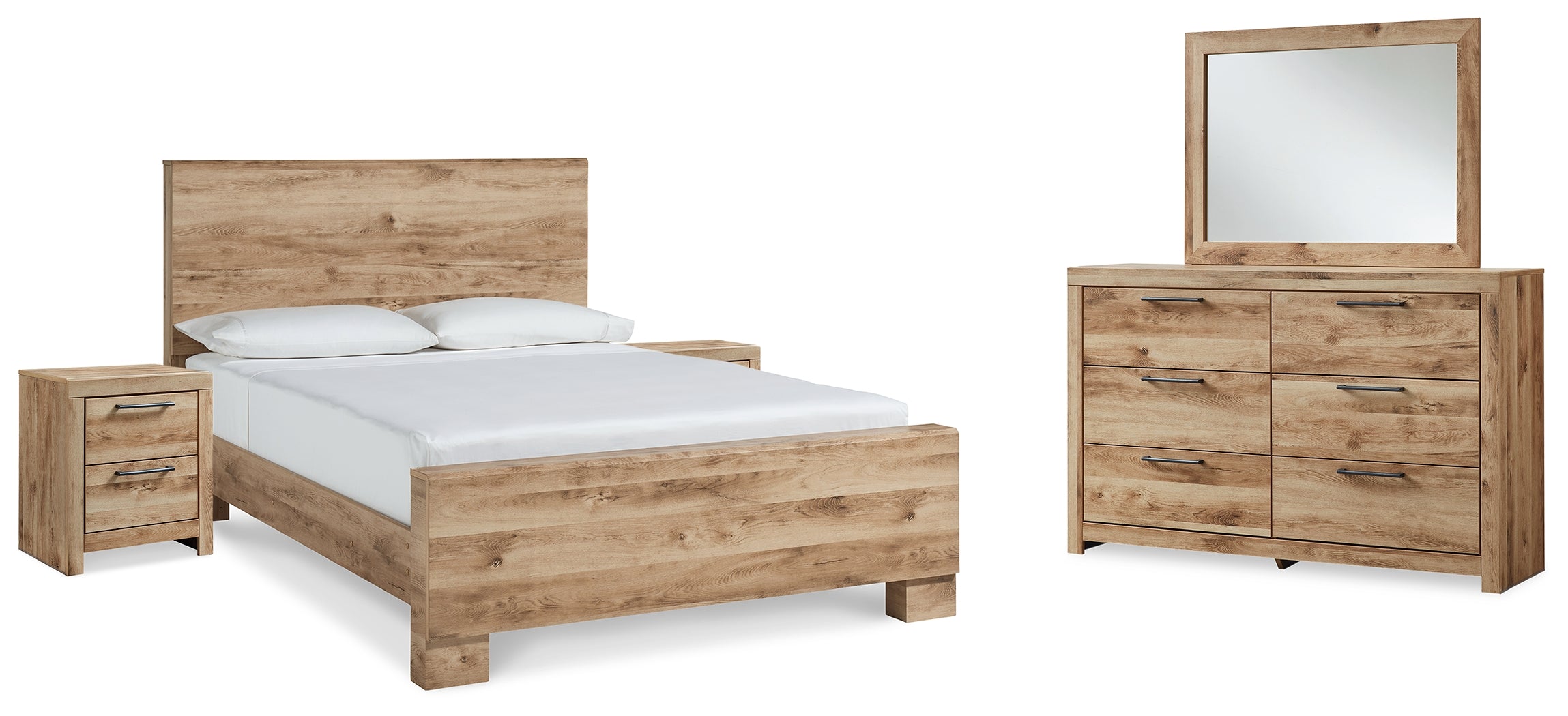 Hyanna Queen Panel Bed with Mirrored Dresser and 2 Nightstands in Tan Brown - PKG015296