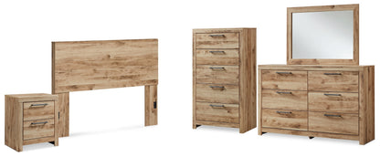 Hyanna Queen Panel Headboard with Mirrored Dresser, Chest and Nightstand in Tan Brown - PKG015288