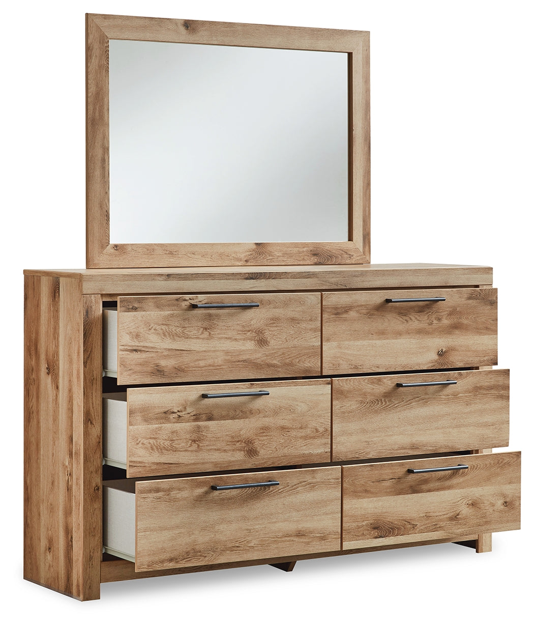 Hyanna Queen Panel Headboard with Mirrored Dresser, Chest and Nightstand in Tan Brown - PKG015288