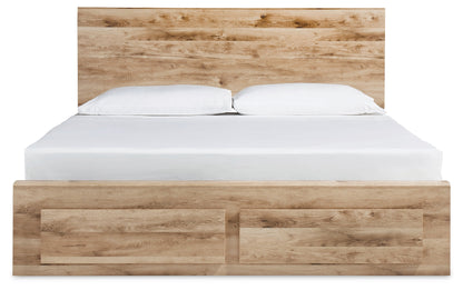 Hyanna Queen Panel Storage Bed with Mirrored Dresser and Nightstand in Tan Brown - PKG015316