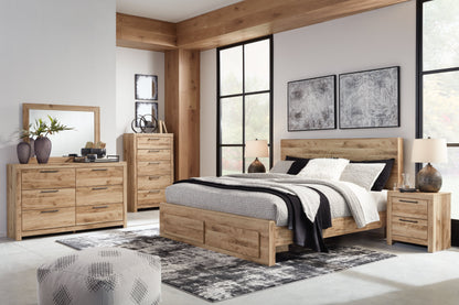 Hyanna Queen Panel Storage Bed with Mirrored Dresser, Chest and 2 Nightstands in Tan Brown - PKG015303