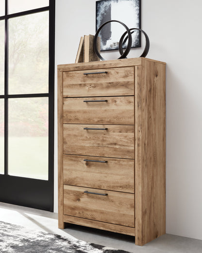 Hyanna Queen Panel Storage Bed with Mirrored Dresser, Chest and 2 Nightstands in Tan Brown - PKG015309