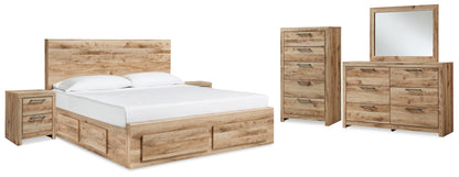 Hyanna Queen Panel Storage Bed with Mirrored Dresser, Chest and 2 Nightstands in Tan Brown - PKG015315