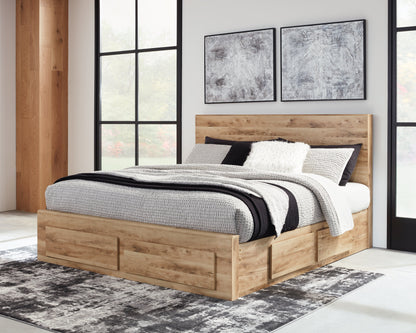Hyanna Queen Panel Storage Bed with Mirrored Dresser, Chest and 2 Nightstands in Tan Brown - PKG015315
