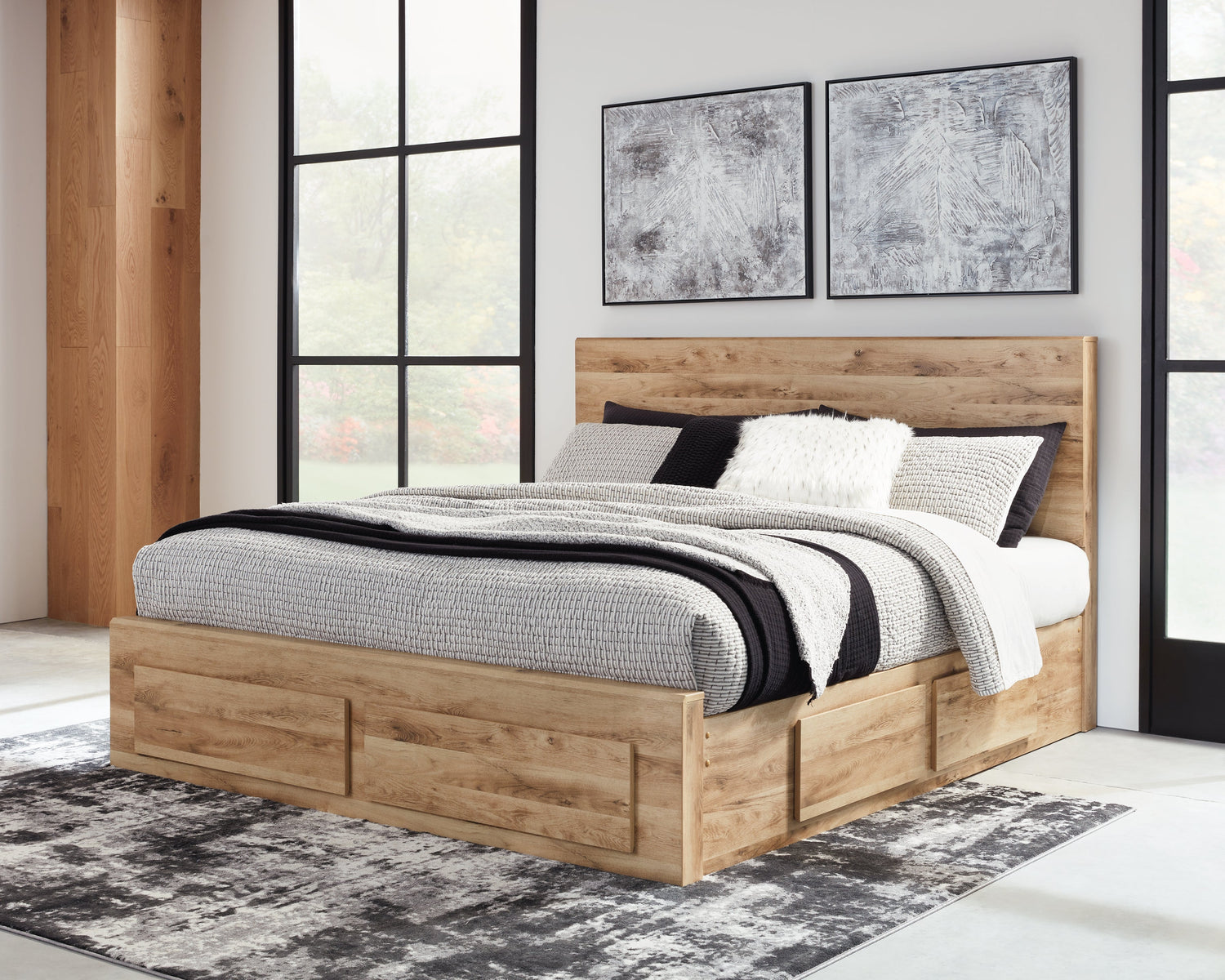 Hyanna Queen Panel Storage Bed with Mirrored Dresser, Chest and Nightstand in Tan Brown - PKG015312