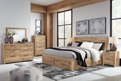 Hyanna Queen Panel Storage Bed with Mirrored Dresser, Chest and Nightstand in Tan Brown - PKG015318