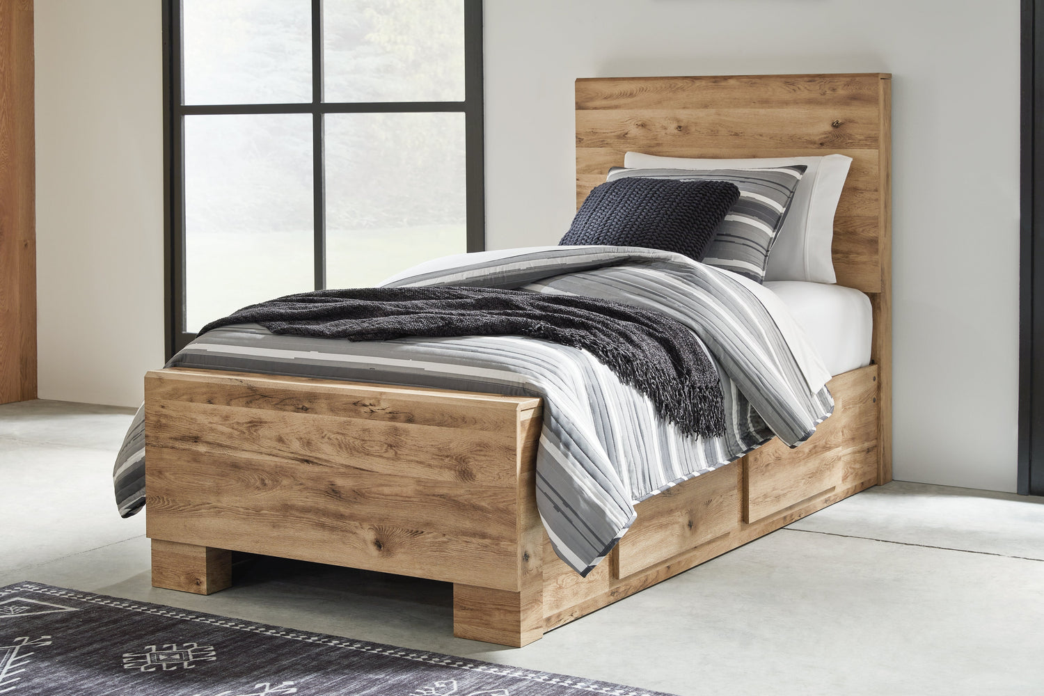 Hyanna Twin Panel Bed with Storage with Mirrored Dresser and Chest in Tan Brown - PKG015371