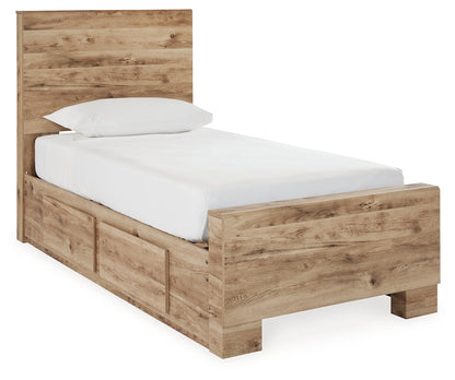 Hyanna Twin Panel Bed with Storage with Mirrored Dresser and Chest in Tan Brown - PKG015371