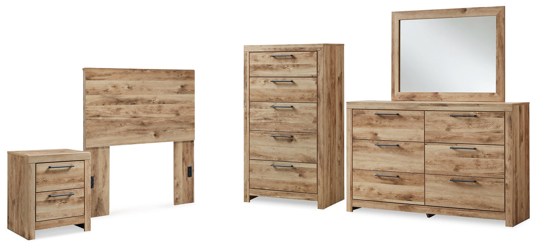 Hyanna Twin Panel Headboard with Mirrored Dresser, Chest and Nightstand in Tan Brown - PKG015276